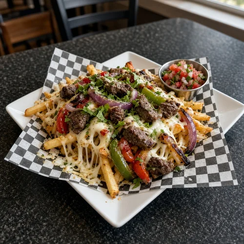 Papas locas: fries with melted mozzarella, grilled peppers, onions, steak and cilantro, with pico de gallo